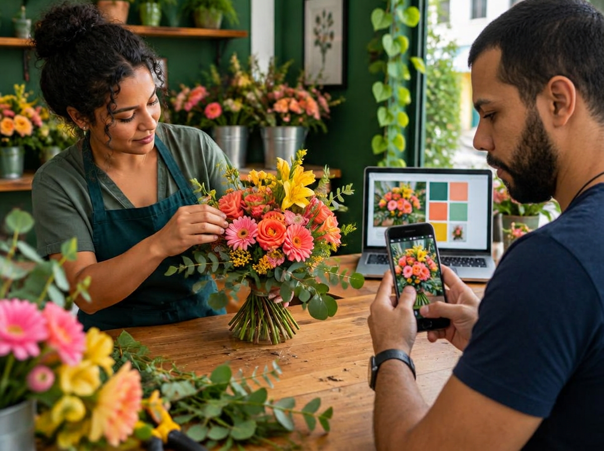 Henrique Ribeiro fotografa um buquê para criar uma campanha de anúncios